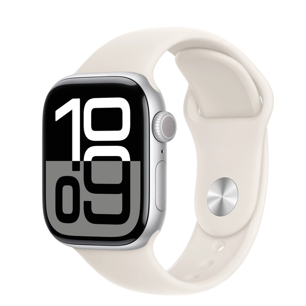 Apple Watch Series 10 GPS, 42mm Silver Aluminum Case with Starlight Sport Band - S/M