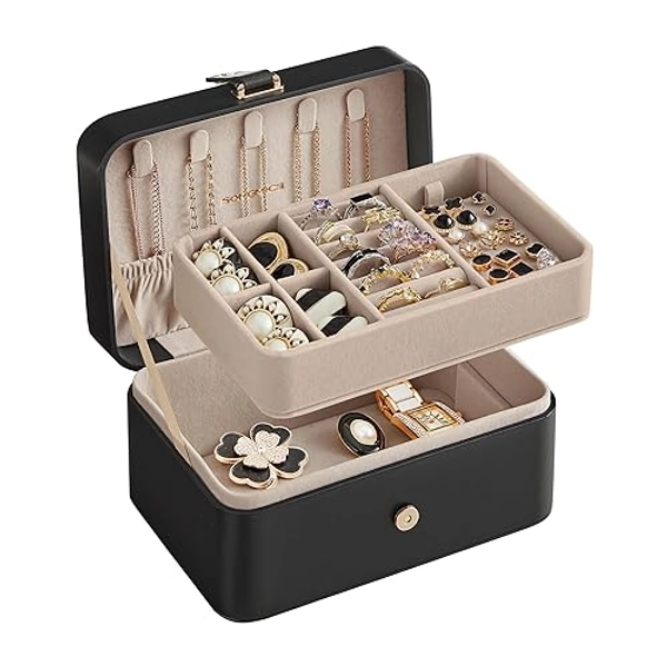SONGMICS Jewelry Box, Travel Jewelry Case, 2-Layer Jewelry Holder Organizer, Portable Versatile Earring Storage, for Larger Accessories, Christmas Gifts for Women and Girls, Ink Black UJBC166B01