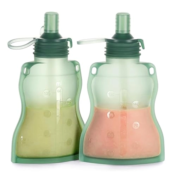 haakaa Yummy Pouch Reusable Baby Food Pouch, Reusable Pouches for Toddlers Kids Squeezable Pouch, Washable Freezer - Make Homemade Organic Food for Babies/Toddlers, 4oz, 2 Pack,6m+(Pea Green) - Green - 2-Pack