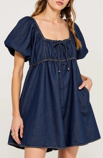 Puff Sleeve Denim Mini Dress