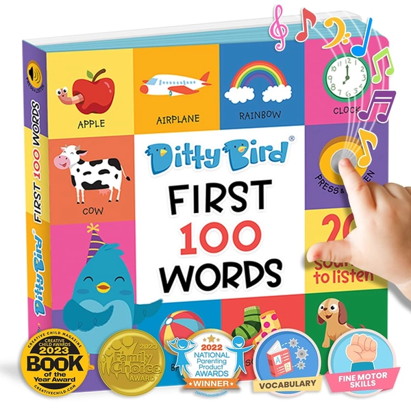 Ditty Bird First 100 Words Sound Book for Toddlers | Interactive & Educational Learning Book for Ages 1-3 | Vocabulary Building with Songs, Sounds, and Fun Facts | Perfect Learning Toy for Toddlers
