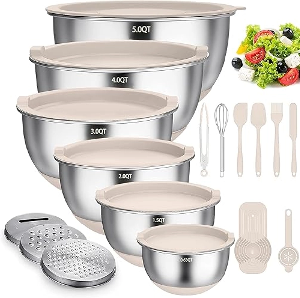 Terlulu Rührschüssel 6er Set, Edelstahl Schüssel Salatschüssel Set mit Deckel & Silikonboden, 3 Reibenaufsätzen, 4.7l/3.8l/2.8l/1.9l/1.4l/0.6l, Rutschfest & Stapelbar - Khaki - Khaki