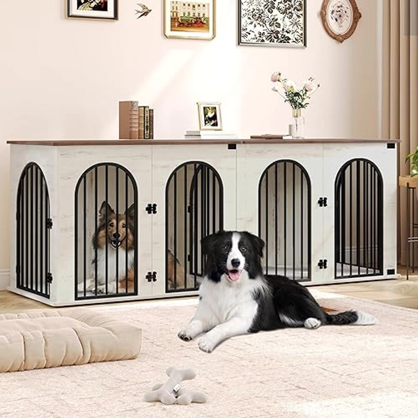 Hzuaneri 71" Dog Crate Furniture for 2 Dogs, Heavy Duty Indoor Dog Kennel TV Stand, XXL Wooden Dog Cage with Divider for Medium Large Dogs, End Table Dog Crate with Cushion, White Brown DFC81914B - 71.0"L x 23.6"W x 24.4"H - White Brown