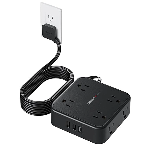 Power Strip Surge Protector 10 Ft Cord, 8 AC Outlets, 3 USB Charger (1 USB C Port), Thin Flat Extension Cord 10 Feet, Flat Plug, 900 Joules Protection, for Home, Office, Dorm Room Essentials, Black - Black - 10 Feet