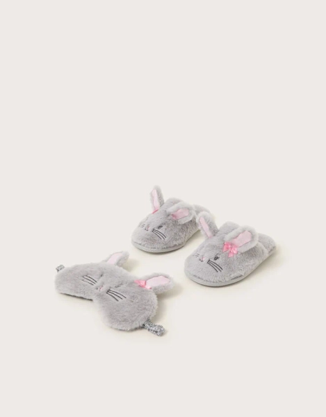 Fluffy Bunny Slippers and Mask Set Grey