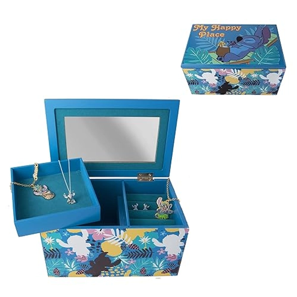 Disney Lilo and Stitch My Happy Place Silk Screen Print Blue Jewelry Box Jewelry Organizer, Officially Licensed - Lilo and Stitch