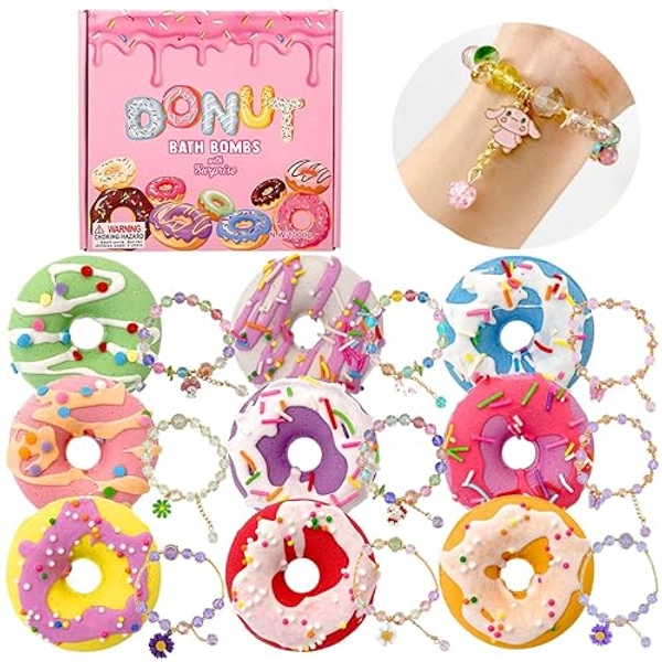 Donut Bath Bombs for Girls, 4oz/Pack of 9 Bath Bombs for Kids with Surprise Inside, Kids Bath Bombs with Jewelry Inside, Bath Bombs for Girl's Birthday Party Favor, Spa Day Gift - Donut
