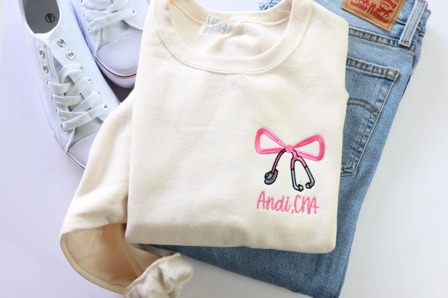 Embroidered Nurse Bow Sweatshirt - Personalized RN Sweatshirt - Custom Crewneck Sweatshirt - Jerzees  - Coquette Bow - Nurse Gift