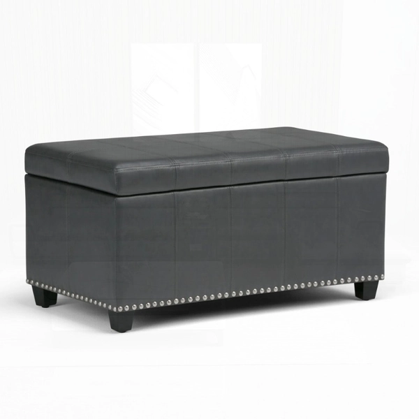 Amelia Contemporary Stone Grey Vegan Faux Leather Storage Ottoman Bench with Pearlized Nailhead Trim - Multi-Functional Footrest, Youngsters-Safe Hinge, Spacious Storage, Easy Assembly, 33.5"W x 18"D x 16.5"H, Bedroom Bench | Transitional Design | Faux Leather Upholstery
