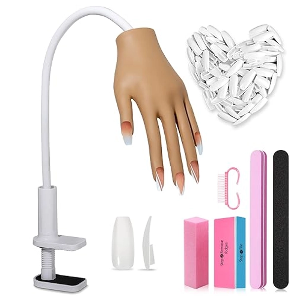 Practice Hand for Acrylic Nails, Nail Tips Never Fall Off Nail Hand Practice,Fingers Never Break Fake Nail Hand for Nail Practice,Flexible Movable Practice Nail Hand for Practicing Nail Supplies - Practice Hand Kit with 100PCS Nail Tips