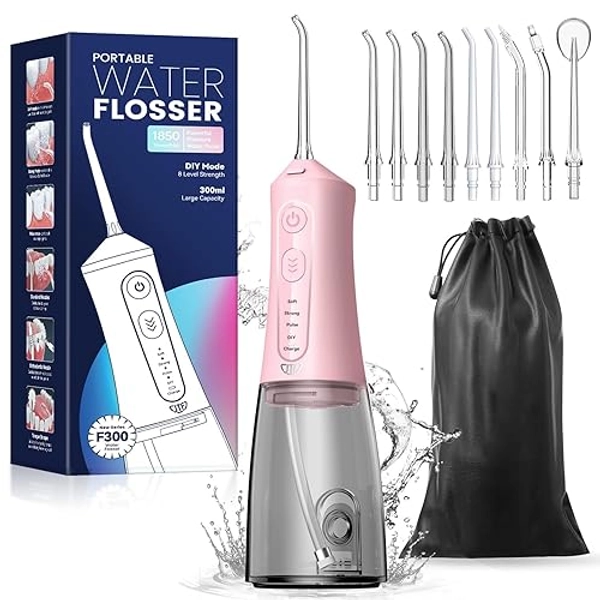 JTF Water Flosser Cordless for Teeth Portable Water Dental Flosser with 9 Nozzles 300 ML Water Teeth Cleaner Pick 4 Modes IPX7 Waterproof Oral Irrigator for Travel Home (Pink) - Pink