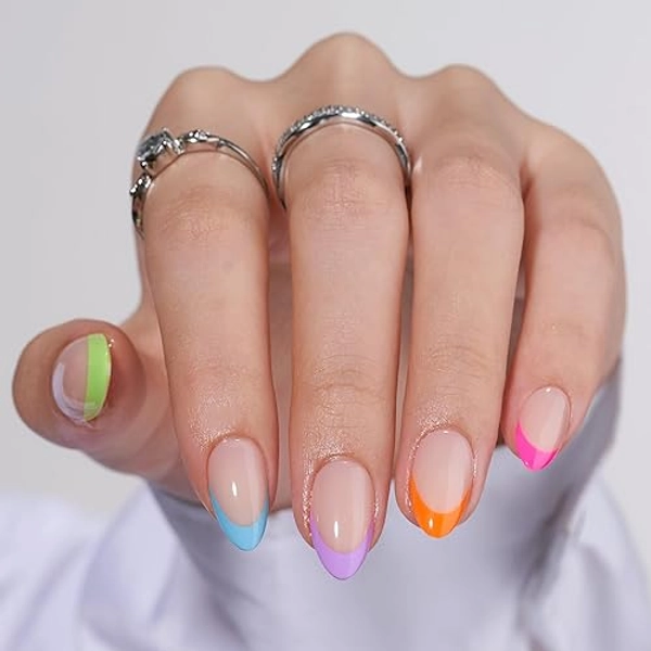 BTArtbox Press On Nails Short - Soft Gel French Tip Press On Nails, Colorful Almond Glue On Nails with Nail Glue, Reusable Stick On Nails in 16 Sizes, Neon Rainbow French - B - Neon Rainbow French