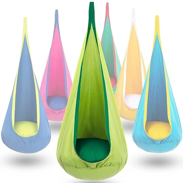 Y- STOP Kids Pod Swing Chair, Hanging Hammock Chair with Inflatable Pillow, Sensory Pocket for Outdoor and Indoor, Max 176Lbs(Green) - Green