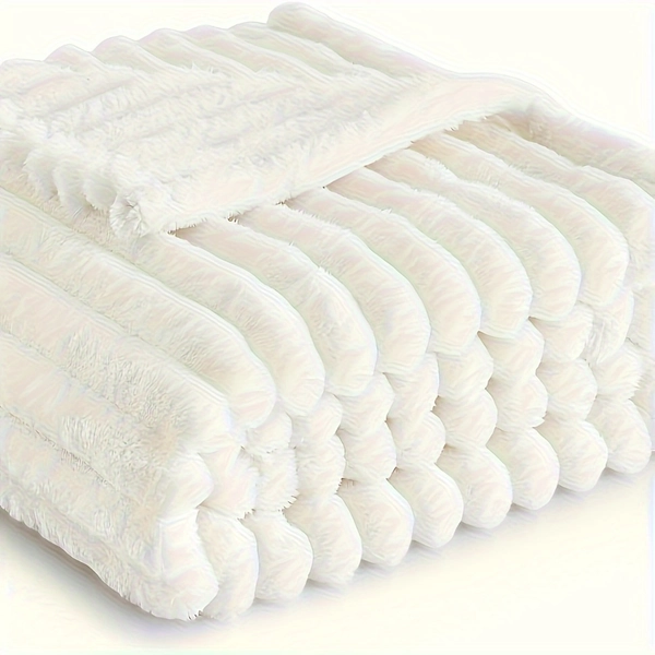 1pc Elegant White Flannel Fleece Throw Blanket by July - Country-Rustic Style, Machine Washable, Striped Pattern, All-Season Comfort for Multipurpose Use, Knitted Craftsmanship, 300-350g Fabric Weight