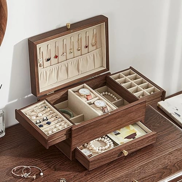 CHOSIN Black Walnut Wooden Jewelry Box for Women, 3 Level Multi-functional Drawer Organizer Box Watch Necklace Ring Earring Storage Gift Case Christmas Gifts - No Mirror