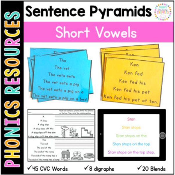 Decodable Sentence Pyramids: CVC, Digraphs, & Blends with Short Vowels