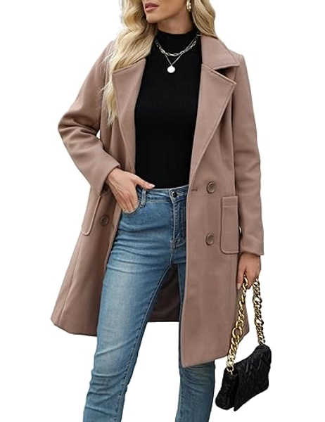 Bankeng Women Winter Wool Blend Camel Mid-Long Coat Notch Double-Breasted Lapel Jacket Outwear - Large - Camel