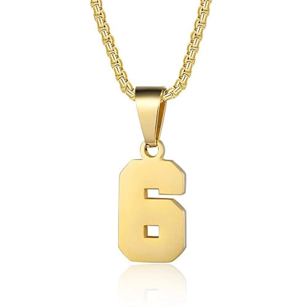 Number Necklaces Personalized Necklaces 18K Gold Plated Initial Number Pendant Stainless Steel Chain Sports Necklaces for Men Women - Gold - 6