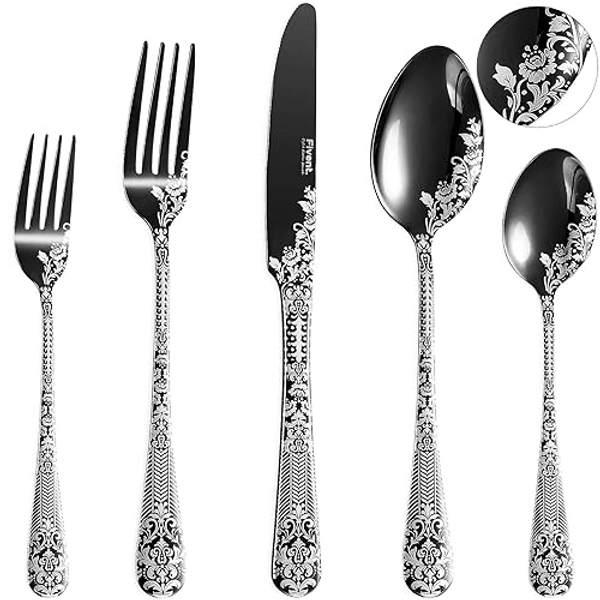 Fivent Floral Damask Rose Black Cutlery Set - 20 pcs - Includes 8 x Spoons, 8 x Forks, 4 x Knife - Stainless Steel, Dishwasher Safe, Mirror Polished Tableware - Durable Flatware - Home Kitchen