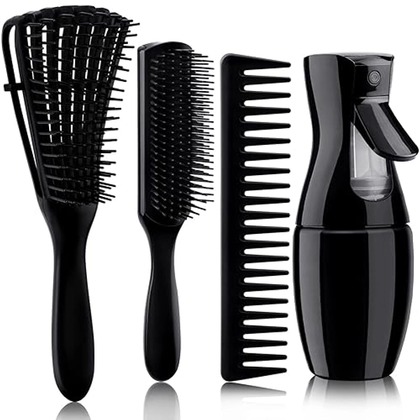 4pcs Curly Hair Brush Set for Adult & Kids Wet or Dry, Detangling Brush for 3/4ABC Hair with Detangler Spray Bottle & Wide Tooth Comb (3+1, Black) - 3+1 - Black