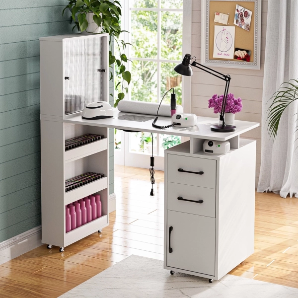 ⭐️Advwin Manicure Table Nail Desk for Nail Tech with Wrist Cushion, Lockable Wheels, Electric Downdraft Vent, Storage Cabinet & Shelves, White