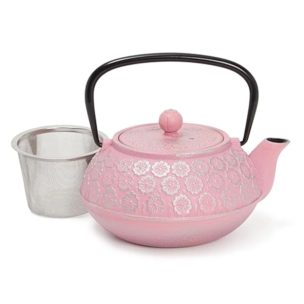 Pink Floral Cast Iron Teapot Kettle with Stainless Steel Loose Leaf Infuser (34 oz) - Pink