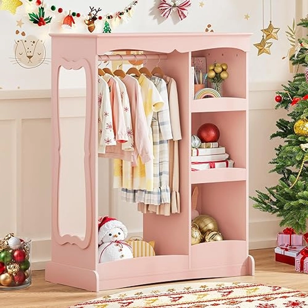 Curipeer Kids Dress Up Storage with Flower Mirror, Open Hanging Closet Wardrobe for Children, Kids Armoire & Costume Organizer for Bedroom Playroom,Pink - Pink - No Legs