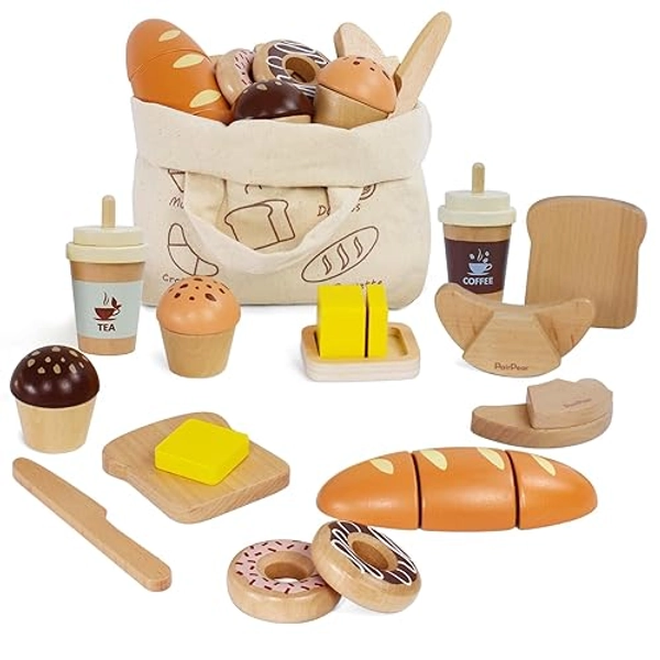 PairPear Wooden Bakery Toy Food Playset,Kids Pretend Play Food Kitchen Accessories with Shopping Bag,Toddlers Cutting Food Gift for Boys and Girls 3 Years and Up - Bakery Set