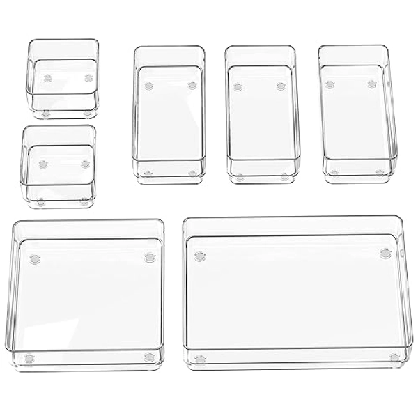 SMARTAKE 7-Piece Drawer Organizer with Non-Slip Silicone Pads, 4-Size Desk Drawer Organizer Trays Storage Tray for Makeup, Jewelries, Utensils in Bedroom Dresser, Office and Kitchen (Clear) - 7 PCS