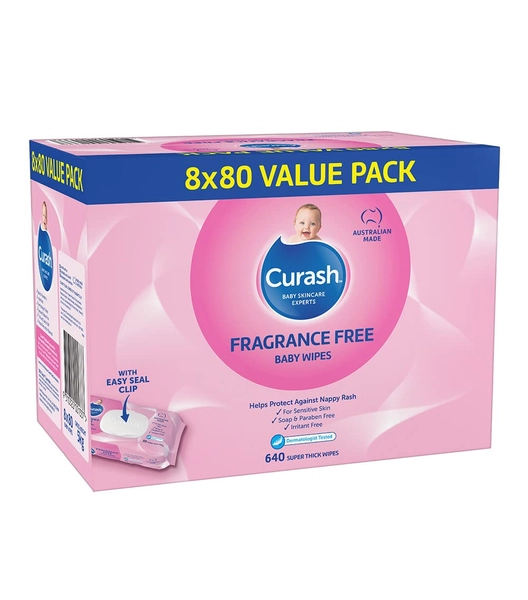 Curash Fragrance Free Baby Wipes, 640 wipes (8 x 80 pack)