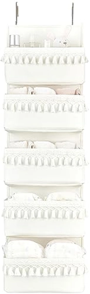 Dahey Over The Door Organizer Boho Nursery Storage Decor Closet Hanging Organizer with Tassels Decoration for Bedroom Nursery Bathroom Apartments Dorm Pantry, 5 Pockets, White - Large - White