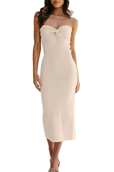LILLUSORY Knitted Dresses Twisted Front Bodycon Dress with Back Slit - Small - Apricot