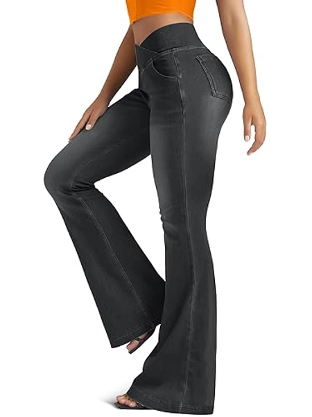 FUNUCA Knit Stretchy Jean Leggings for Women with Crossover High Waisted Bell Bottom Yoga Pants Flare Leggings with Pockets - Gray - X-Small
