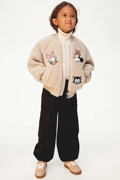 Appliquéd Teddy Fleece Bomber Jacket