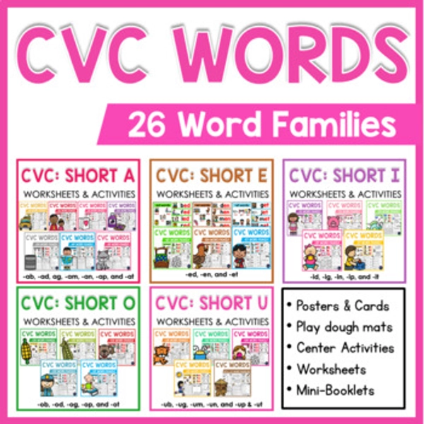 Short Vowels CVC Words Worksheets Kindergarten First Grade Phonics