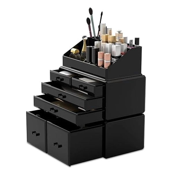 READAEER Makeup Organizer 3 Pieces Cosmetic Storage Case with 6 Drawers (Black) - Black - 3 Layer