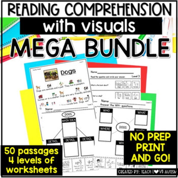 Leveled Reading Comprehension Passages and Worksheets with Visual Support