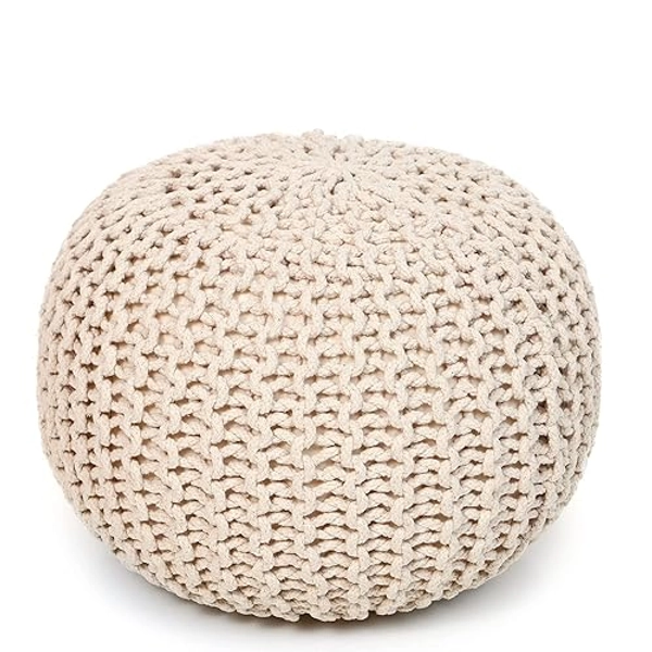 REDEARTH · Round Pouf Ottoman - Cable Knitted Boho Poof - Home Décor Cord Pouffe Handmade Circular Footrest for Living Room - Bedroom - Kids Bedroom - 100% Cotton Pouf (18"x18"x14") - Natural - 18"D x 18"W x 14"H - Natural