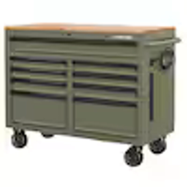 Husky 46 in. W x 18.1 in. D 9-Drawer Army Green Mobile Workbench Cabinet with Solid Wood Top H46X18MWC9ARMY-M
