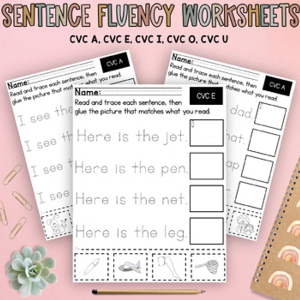 Kindergarten Sentence Fluency Worksheets- CVC Words