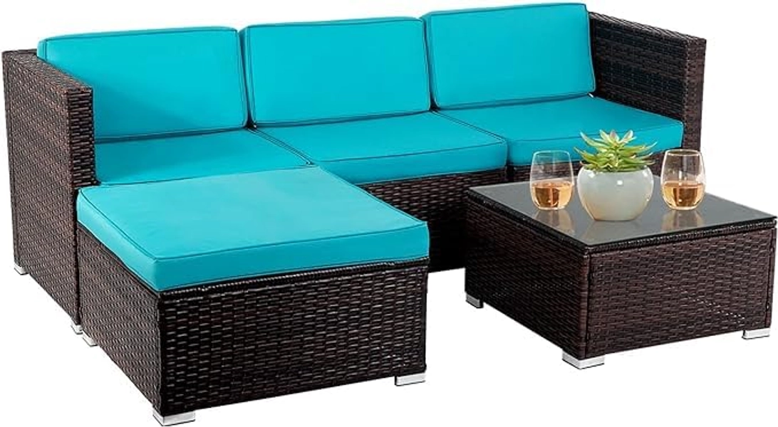 Ruesleag Patio Furniture Set 5 Piece Outdoor Rattan Sectional Sofa Set Conversation Set with Cushions and Ottoman Chair Armless Chair Glass Table for Porch Poolside Balcony Garden Lawn (Blue) - Blue