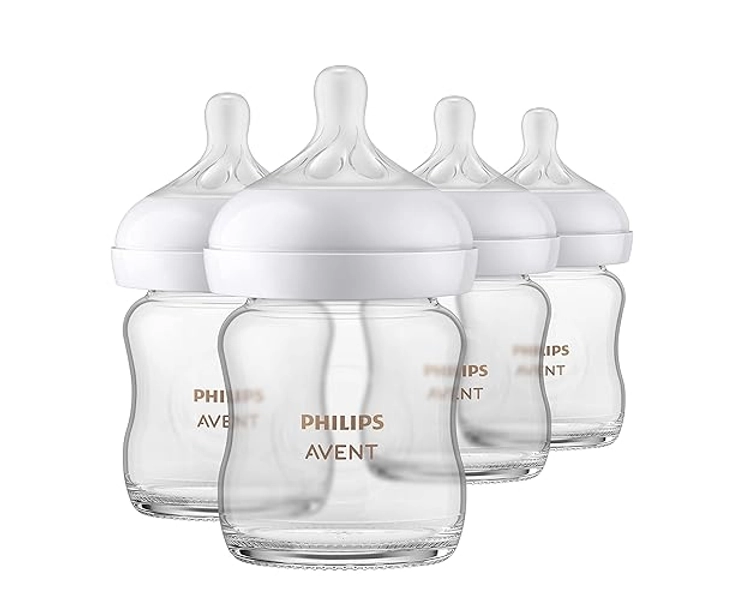 Philips AVENT Glass Natural Baby Bottle with Natural Response Nipple, Clear, 4oz, 4pk, SCY910/04 - 4 Ounce - 4 Pack