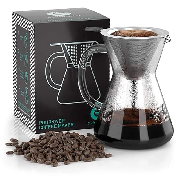 Coffee Gator Pour Over Brewer – Unlock More Flavour with a Paperless Stainless Steel Filter and Glass Carafe - Hand-Drip Coffee Maker - 400ml - 400ml