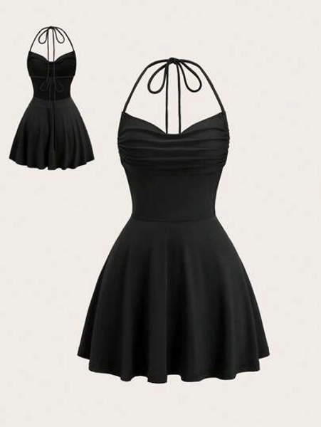Flirla Sexy Spaghetti Strap Solid Color Backless Ruffle Hem Mini Dress For Women, Casual Party