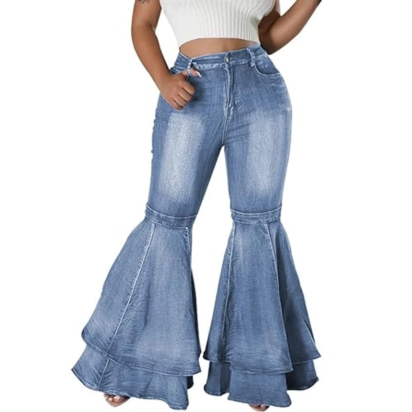 ThusFar Bell Bottom Jeans High Waisted Pleated Layered Ruffle Hem Flared Wide Leg Denim Pants 70s Outfits for Women - X-Large - Light Blue
