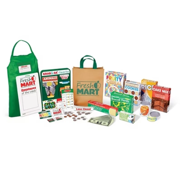 Melissa & Doug Fresh Mart Grocery Store Play Food and Role Play Companion Set