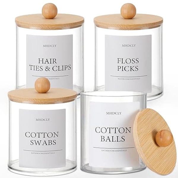 Bathroom Organizers and Storage,4 Pack Bathroom Accessories,Bathroom Decor,Home Decor,Bathroom Storage and Organization,Qtip Holder for Room Decor Aesthetic (bamboo lids) - bamboo lids