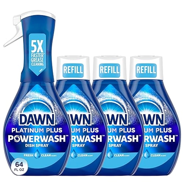 Dawn Platinum Powerwash Dish Spray, Dish Soap Liquid, Fresh Scent Bundle, 1 Spray (16oz) + 3 Refills (16oz each)(Pack of 4) - 16 Fl Oz (Pack of 4) - Fresh