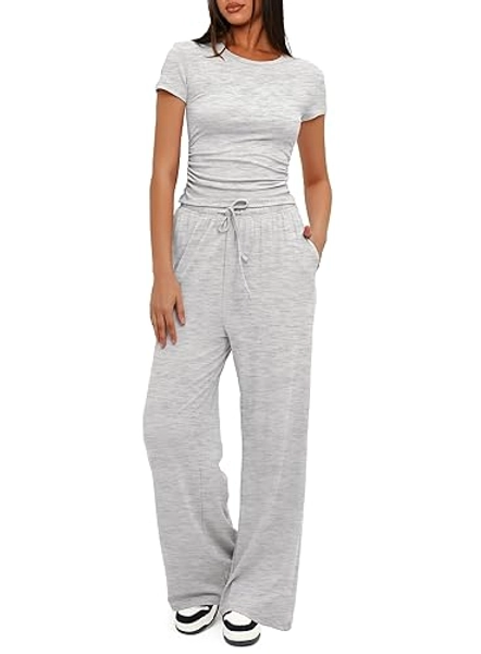 Darong Women's 2 Piece Outfits Lounge Sets Ruched Short Sleeve Tops High Waisted Wide Leg Pants Tracksuit Sets - Light Grey（29" Inseam） - Large
