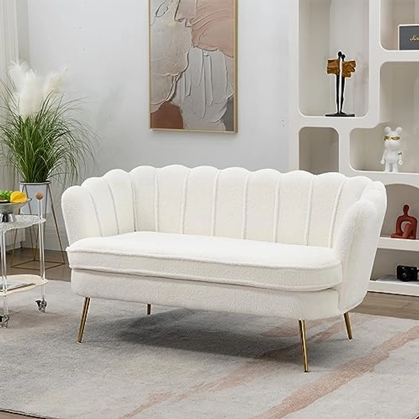 anwickjeff 59" Wide Modern Boucle Loveseat Small Sofa Small Mini Room Couch 2-Seater Sofa with Gold Metal Legs for Small Space Office Studio Apartment Bedroom (Ivory) - Ivory